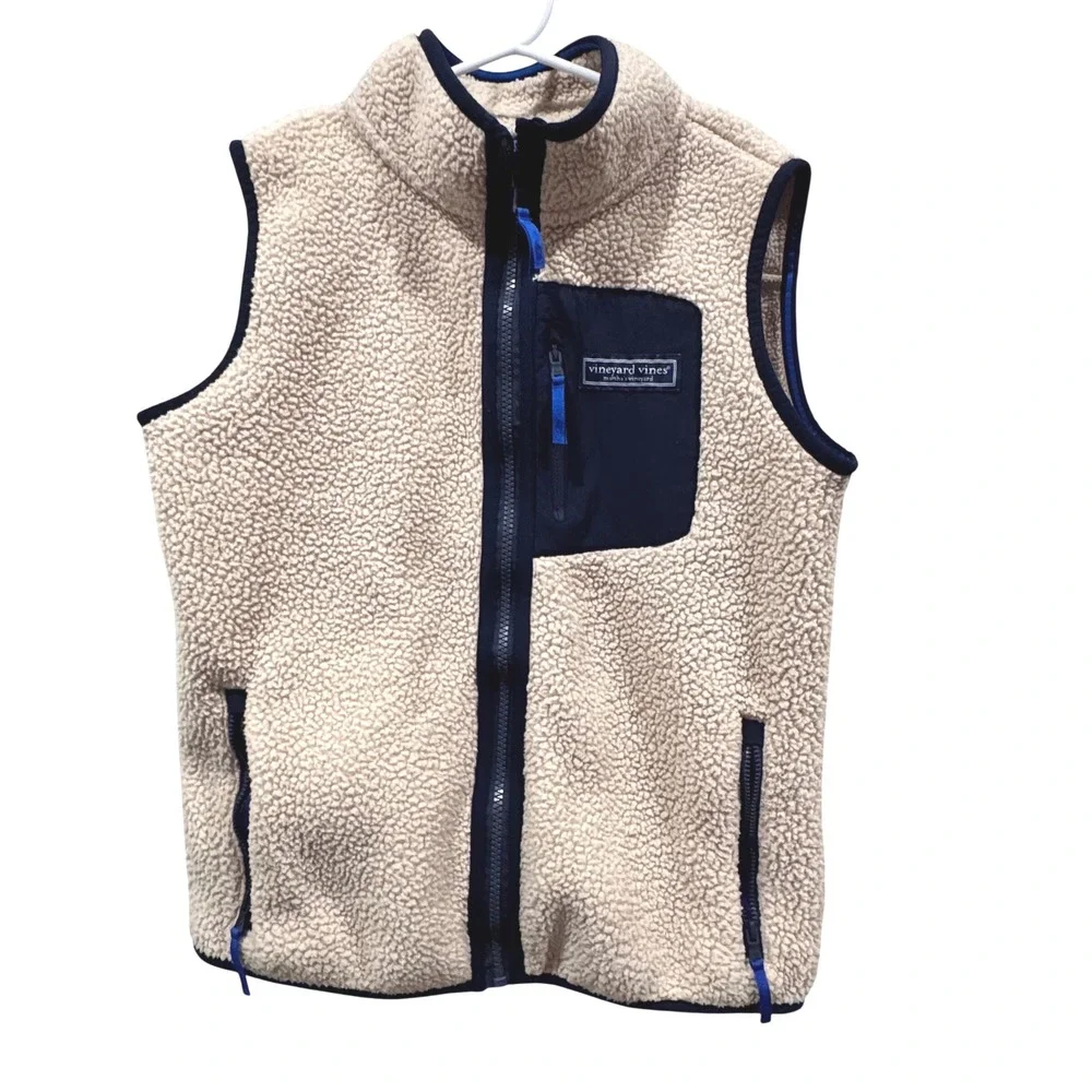 Vineyard Vines Sherpa Fleece Vest Boys Size M 12-14 Cream Tan Excellent Zip Up